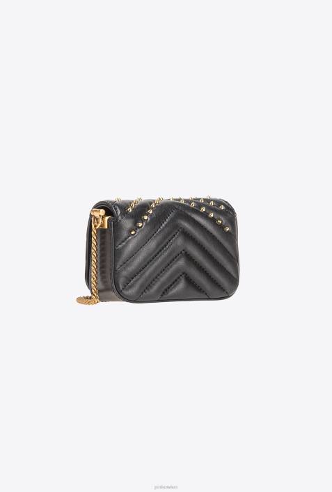 Microlove-Taschen | Pinko Schwarz-Antikgold Mikro-Love-Bag mit Click-Chevron-NietenZ4ZP1215