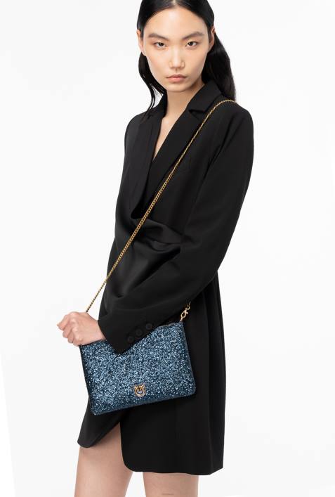 Umhängetaschen | Pinko Clematis blau-antikgold glitzernde klassische flache LiebestascheZ4ZP1198