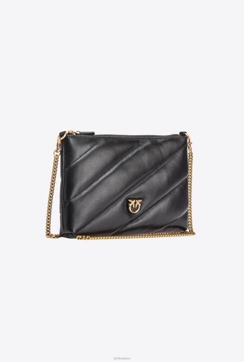 Umhängetaschen | Pinko Schwarz-Antikgold Flache Tasche aus gestepptem NappalederZ4ZP1193