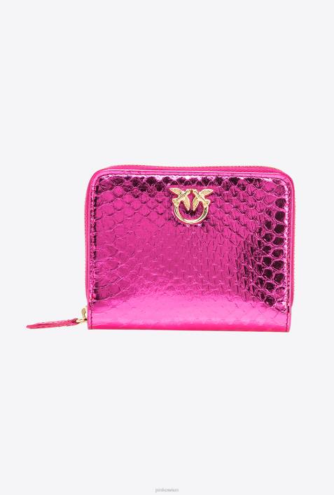 Geldbörsen | Pinko Fuchsia-glänzendes Gold Galleria-Geldbörse mit umlaufendem Reißverschluss aus laminiertem ReptilienlederZ4ZP1175