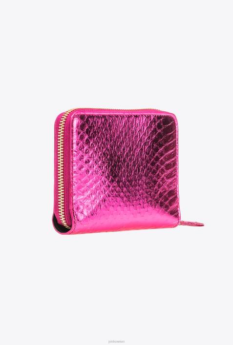 Geldbörsen | Pinko Fuchsia-glänzendes Gold Galleria-Geldbörse mit umlaufendem Reißverschluss aus laminiertem ReptilienlederZ4ZP1175