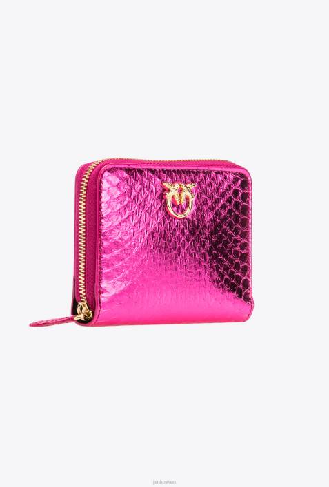 Geldbörsen | Pinko Fuchsia-glänzendes Gold Galleria-Geldbörse mit umlaufendem Reißverschluss aus laminiertem ReptilienlederZ4ZP1175