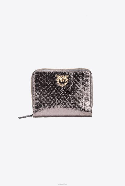 Geldbörsen | Pinko Gunmetal-Grau-glänzendes Gold Galleria-Geldbörse mit umlaufendem Reißverschluss aus laminiertem ReptilienlederZ4ZP1173