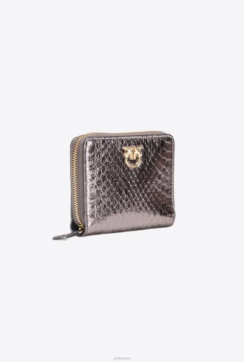 Geldbörsen | Pinko Gunmetal-Grau-glänzendes Gold Galleria-Geldbörse mit umlaufendem Reißverschluss aus laminiertem ReptilienlederZ4ZP1173
