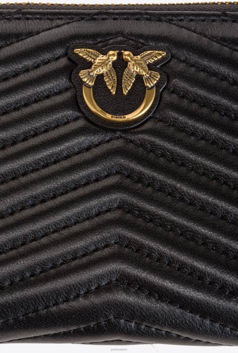 Geldbörsen | Pinko Schwarz-Antikgold Kleine Geldbörse mit umlaufendem Reißverschluss aus Nappaleder mit Chevron-MusterZ4ZP1137
