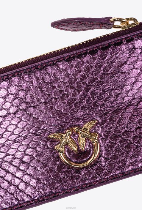 Geldbörsen | Pinko lila-glänzendes Gold Galleria-Kartenetui mit Reißverschluss aus laminiertem ReptilienlederZ4ZP1180