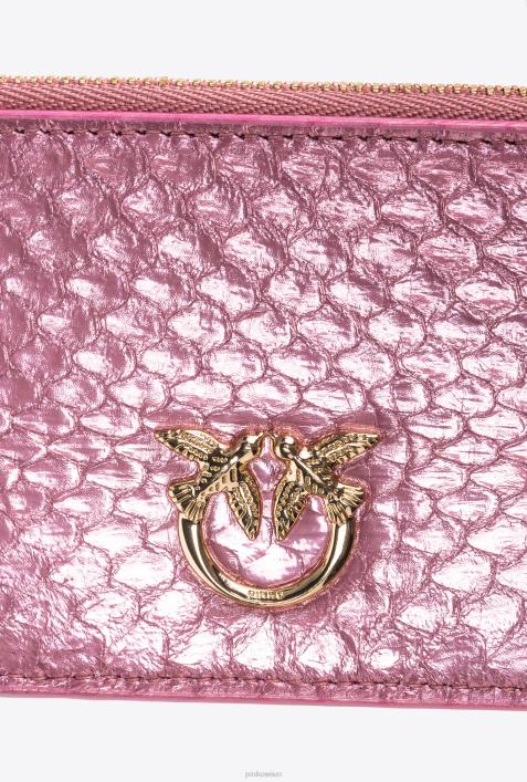 Geldbörsen | Pinko puderrosa-glänzendes Gold Galleria-Kartenetui mit Reißverschluss aus laminiertem ReptilienlederZ4ZP1178