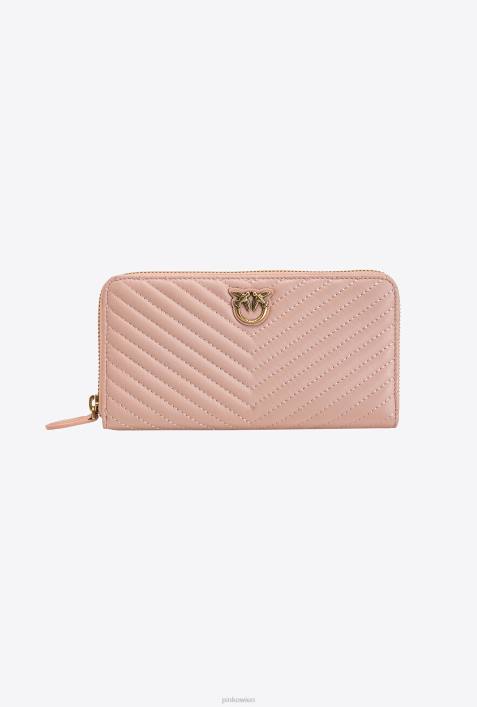 Geldbörsen | Pinko staubiges Rosa-Antikgold Portemonnaie mit umlaufendem Reißverschluss aus Nappaleder mit Chevron-MusterZ4ZP1159