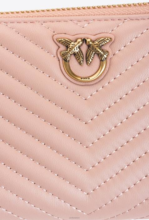 Geldbörsen | Pinko staubiges Rosa-Antikgold Portemonnaie mit umlaufendem Reißverschluss aus Nappaleder mit Chevron-MusterZ4ZP1159