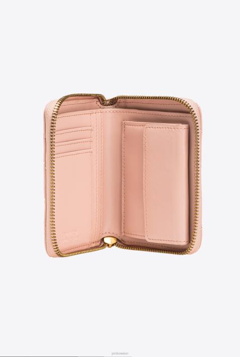 Geldbörsen | Pinko staubiges Rosa-Antikgold Quadratische Geldbörse aus gestepptem Nappaleder mit umlaufendem ReißverschlussZ4ZP1140