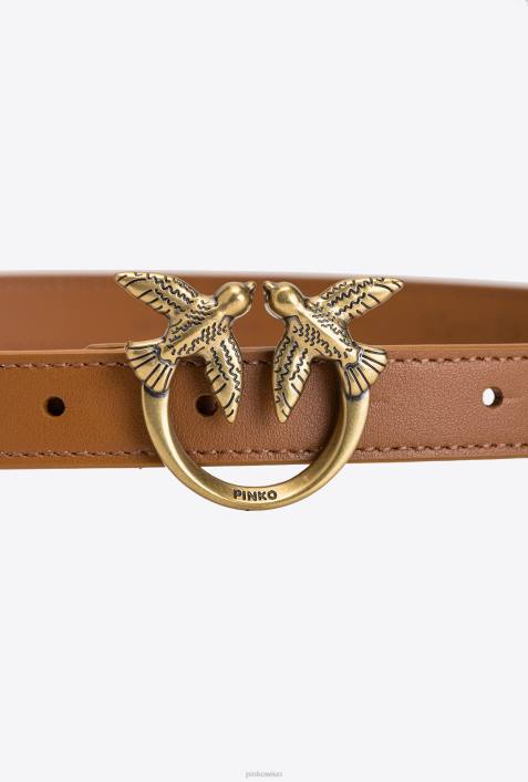Gürtel | Pinko Cognac-Antikgold Dünner Ledergürtel „Love Birds“.Z4ZP1025