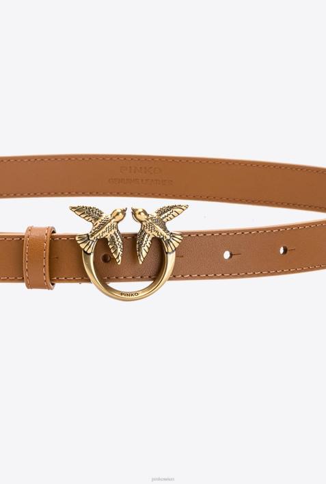 Gürtel | Pinko Cognac-Antikgold Dünner Ledergürtel „Love Birds“.Z4ZP1031