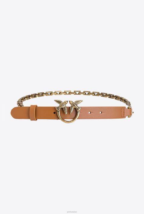 Gürtel | Pinko Cognac-Antikgold Love Birds-Gürtel mit KetteZ4ZP1053