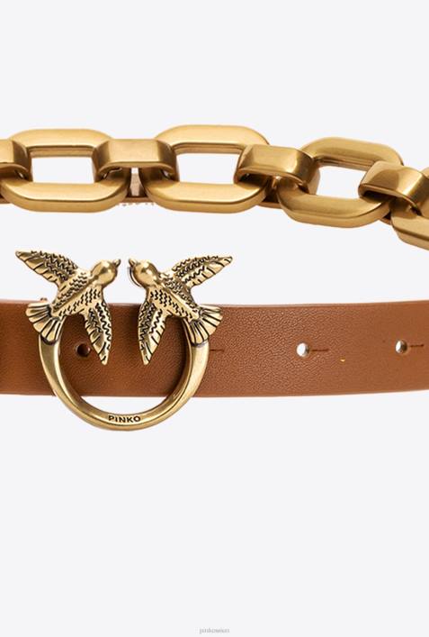 Gürtel | Pinko Cognac-Antikgold Love Birds-Gürtel mit großer KetteZ4ZP1054