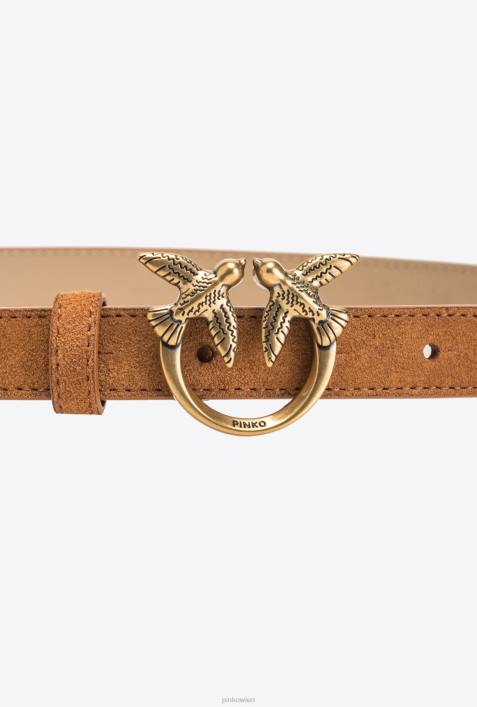 Gürtel | Pinko Cognac-Antikgold Love Birds dünner WildledergürtelZ4ZP978