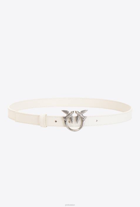 Gürtel | Pinko G. Maroso Beige-Altsilber Dünner Ledergürtel „Love Birds“.Z4ZP1033