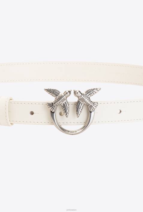 Gürtel | Pinko G. Maroso Beige-Altsilber Dünner Ledergürtel „Love Birds“.Z4ZP1033