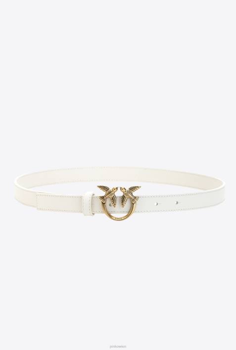 Gürtel | Pinko G. Maroso-Beige-Antikgold Dünner Ledergürtel „Love Birds“.Z4ZP1037