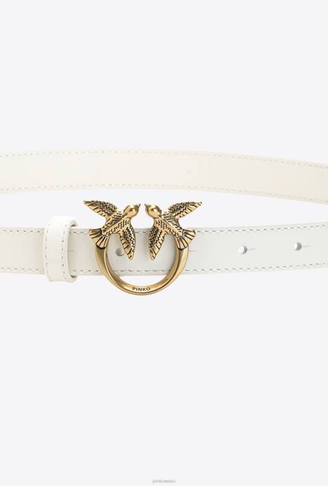 Gürtel | Pinko G. Maroso-Beige-Antikgold Dünner Ledergürtel „Love Birds“.Z4ZP1037