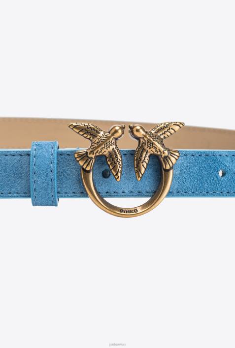 Gürtel | Pinko Himmelblau-Antikgold Love Birds dünner WildledergürtelZ4ZP980