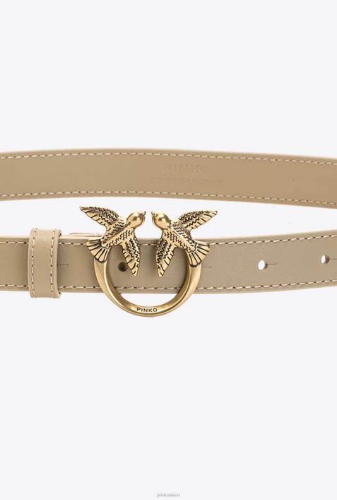 Gürtel | Pinko Sand-Antikgold Dünner Ledergürtel „Love Birds“.Z4ZP1036
