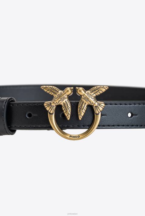 Gürtel | Pinko Schwarz-Antikgold Dünner Ledergürtel „Love Birds“.Z4ZP1028