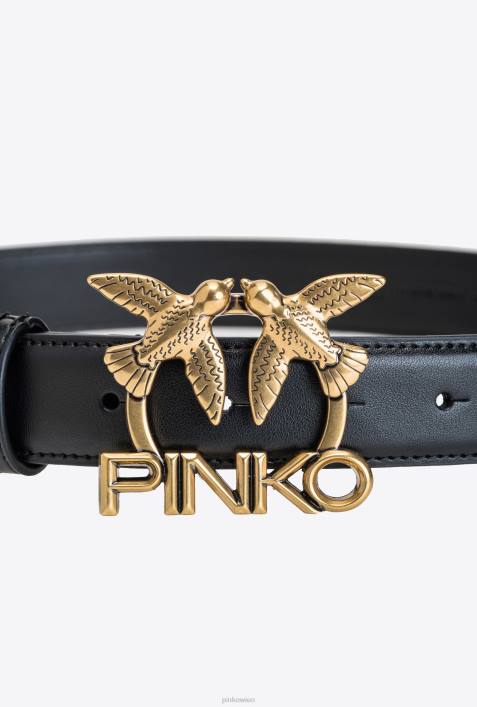 Gürtel | Pinko Schwarz-Antikgold Ledergürtel mit Love Birds-LogoZ4ZP973