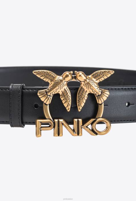 Gürtel | Pinko Schwarz-Antikgold Ledergürtel mit Love Birds-LogoZ4ZP974