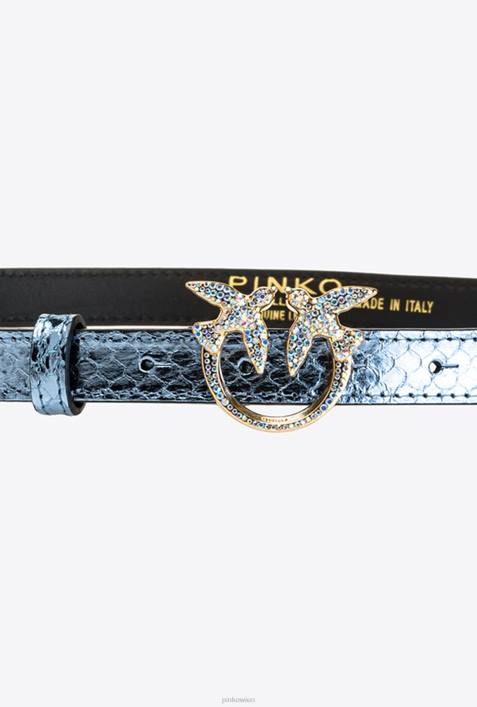 Gürtel | Pinko hellblau-glänzendes Gold Galleria dünner Gürtel aus laminiertem ReptilienlederZ4ZP1022