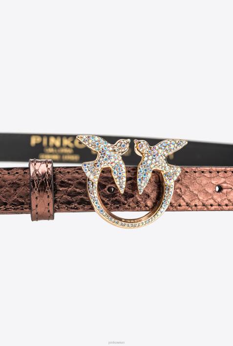 Gürtel | Pinko hellbraun-glänzendes Gold Galleria dünner Gürtel aus laminiertem ReptilienlederZ4ZP1024