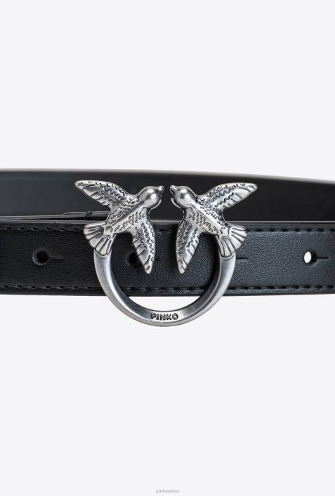 Gürtel | Pinko schwarz-altsilber Dünner Ledergürtel „Love Birds“.Z4ZP1030