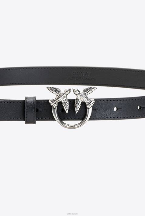 Gürtel | Pinko schwarz-altsilber Dünner Ledergürtel „Love Birds“.Z4ZP1038