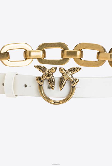 Gürtel | Pinko weiß-antikgold Love Birds-Gürtel mit großer KetteZ4ZP1060